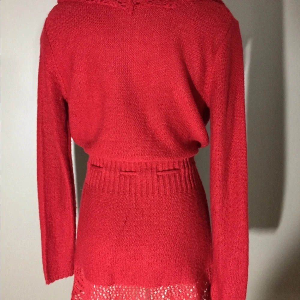 Elle Red Sweater With Crochet Lace edges and Tie Front XS - Picture 6 of 10